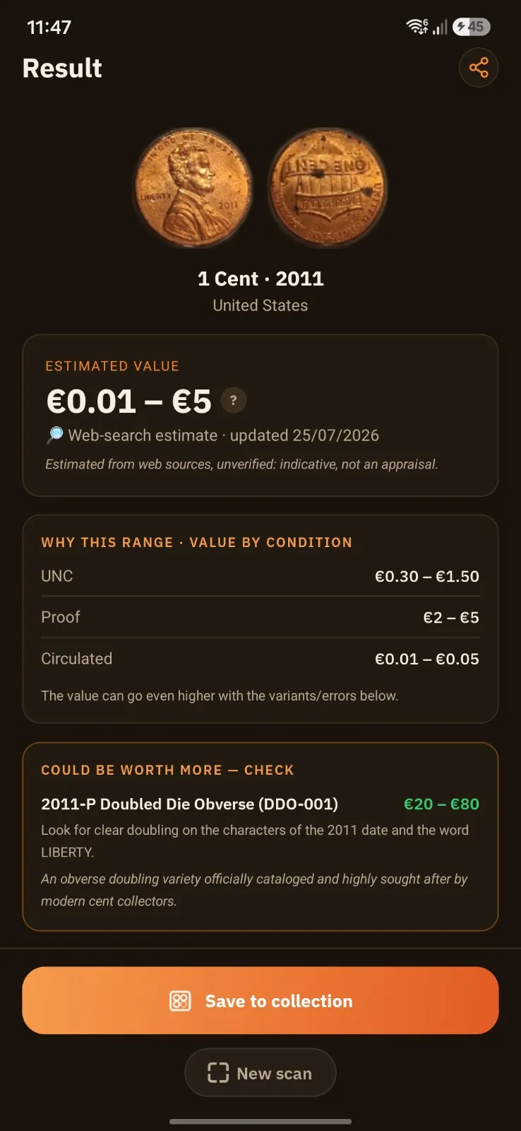 CoinLens result for a 2011 United States 1 Cent with its estimated value